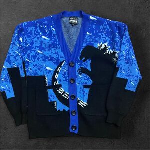 Steady Hands x Godzilla Viscose Blend Black Blue Cardigan Sweater Men's Size XS